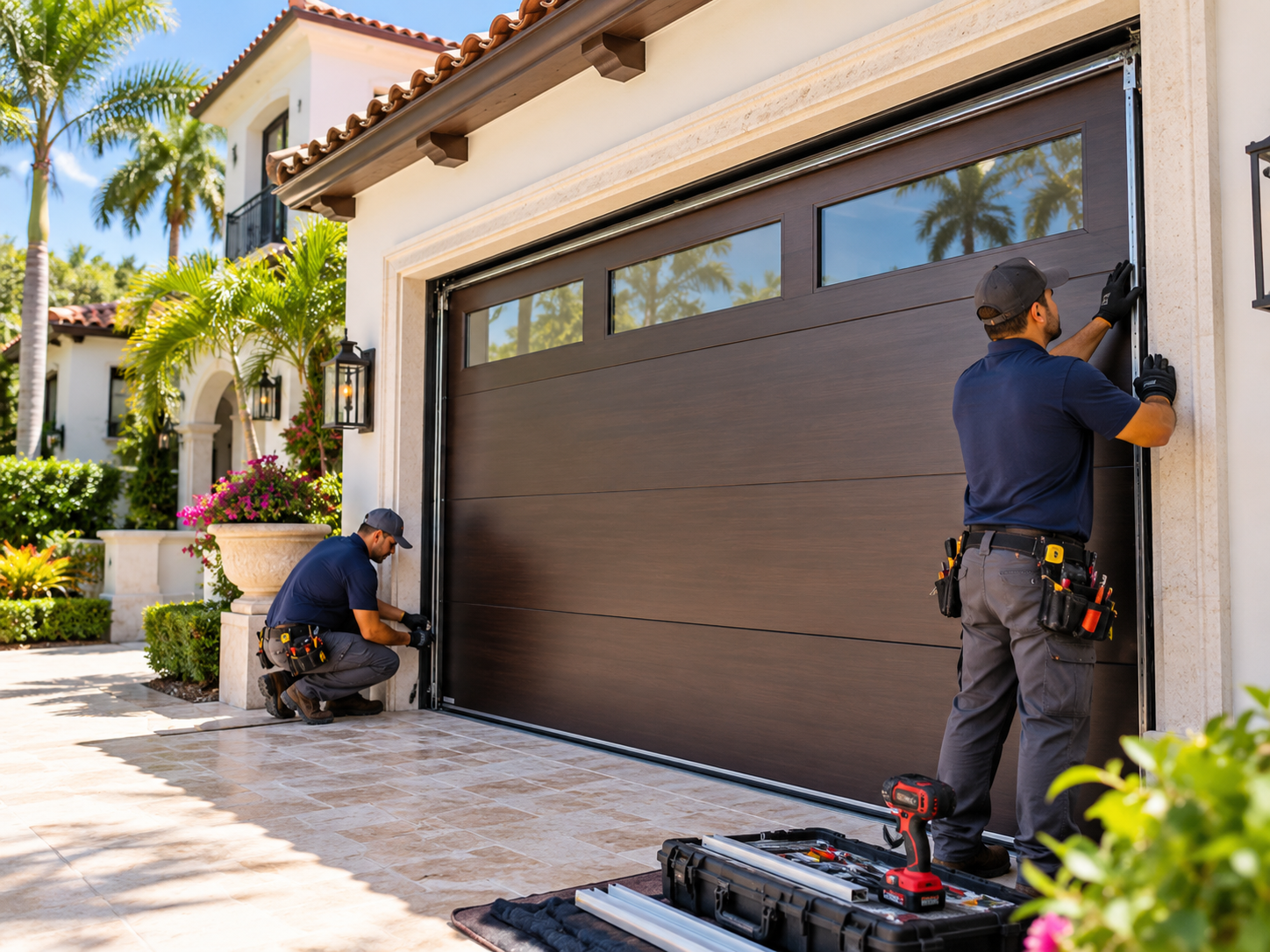Impact garage doors in Coral Gables installation on a Mediterranean home